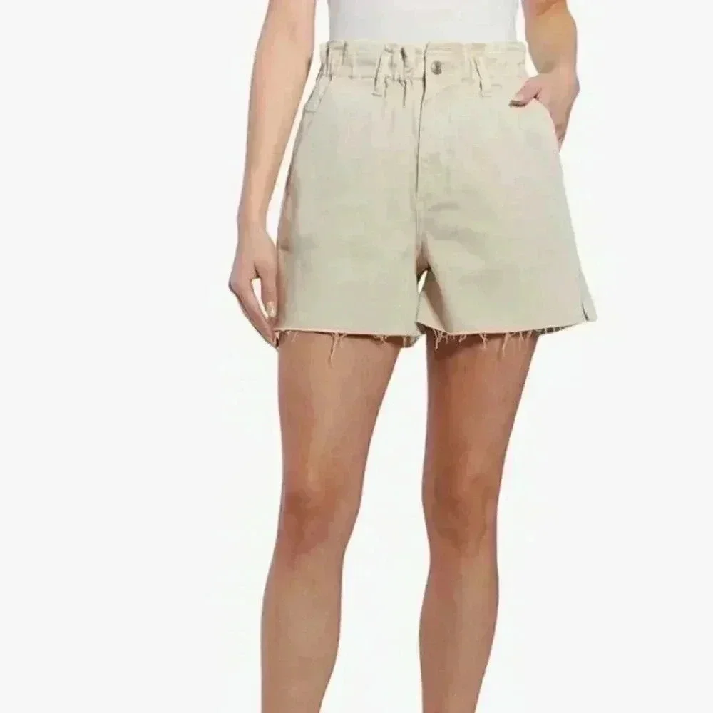 OAT New York High Waist Slouchy Denim Shorts XL Beige Elastic Waist Raw Hem‎ NWT